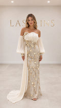 Champagne off-the-shoulder 3D floral appliqué evening gown front view with pleated train