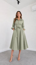 Front view of model wearing Sage Green button-down belted midi shirt dress