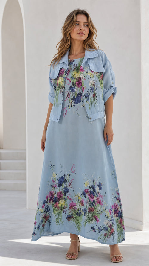Full front view of women's sky blue floral maxi dress with matching cropped jacket