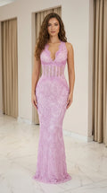 Front view of model wearing the lavender embroidered lace mermaid evening gown