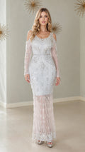 Model wearing Ice Blue cold shoulder sequin fringe maxi evening gown front view