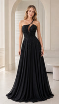 Front view of woman wearing black one-shoulder beaded chiffon evening gown