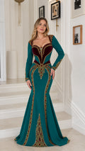 Full front view of teal long sleeve embroidered mermaid evening gown