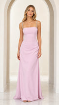 Front full view of lavender square neck maxi gown with rhinestone straps