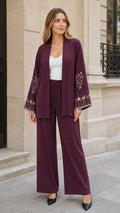 Women's embroidered open front cardigan and wide leg pant set in plum