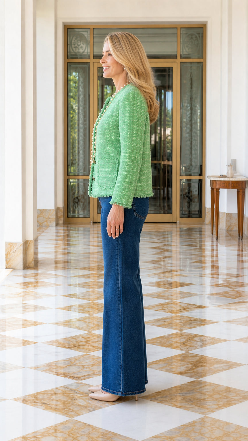 Side profile view of green tweed jacket outfit