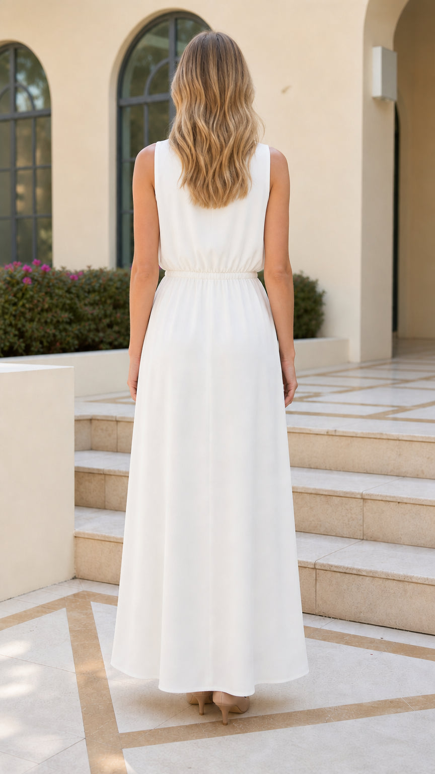 Back view of model in white maxi dress