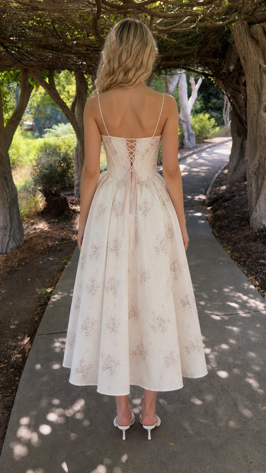 Back view showing lace-up corset detail on cream dress