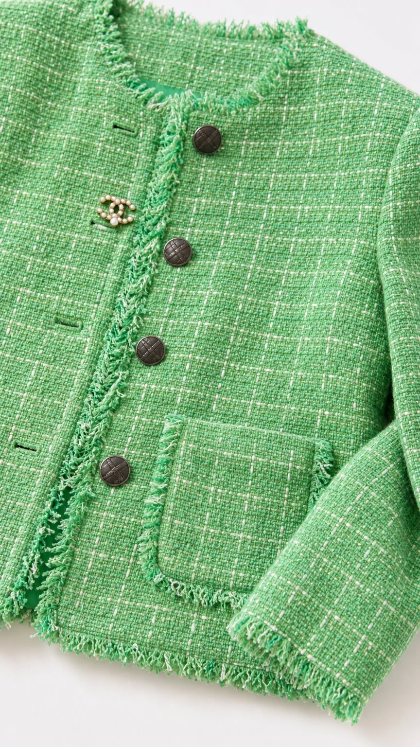 Close-up detail of green tweed fabric, fringe trim, and buttons