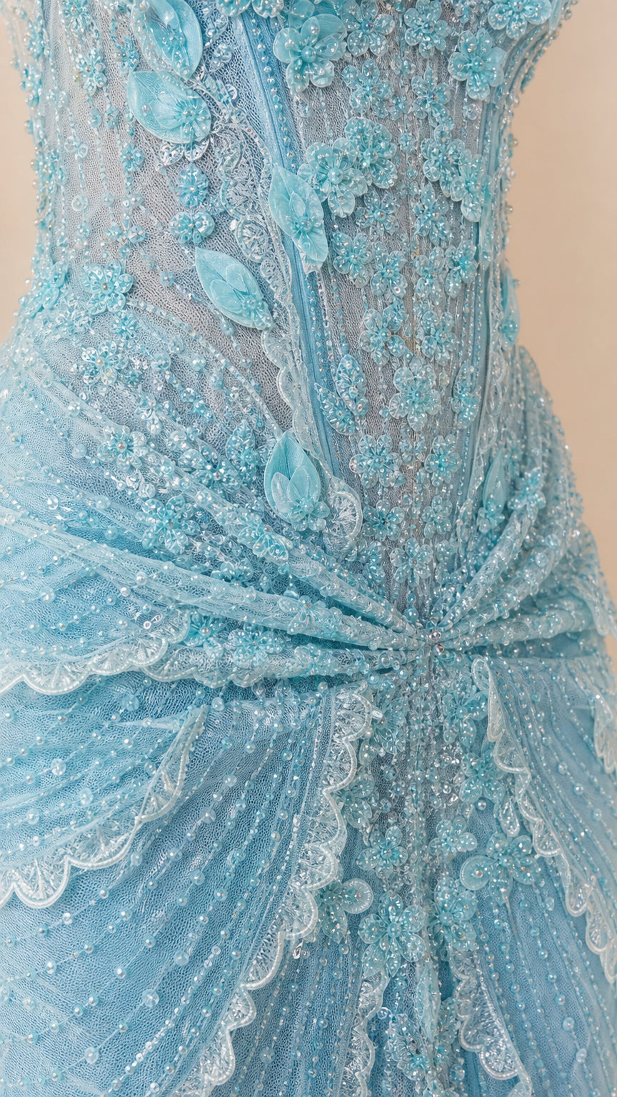 Close-up of 3D floral appliqués and beading texture