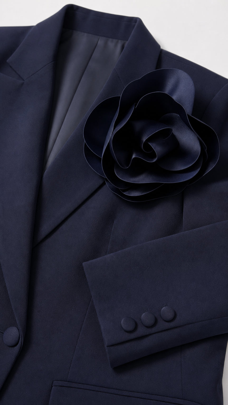 Close-up of the navy blazer lapel, sculptural flower detail, buttons, and sleeve