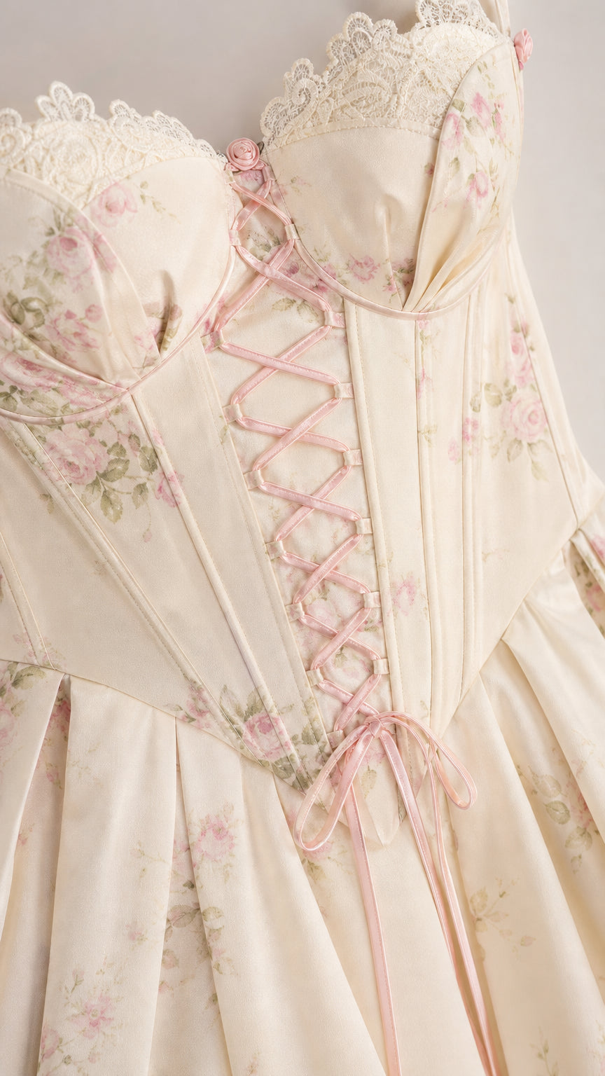 Close-up of lace-up corset bodice with floral print