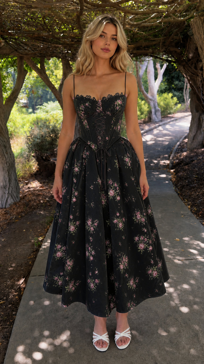 Front view of black floral lace-up corset midi dress