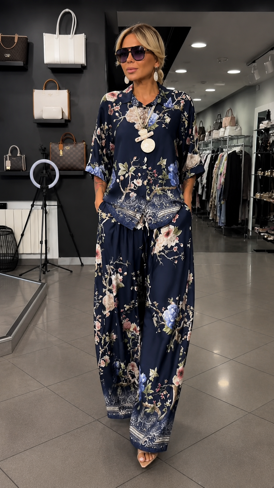 Floral Print Two Piece Set With Button Shirt & Wide Leg