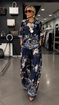 Floral Print Two Piece Set With Button Shirt & Wide Leg