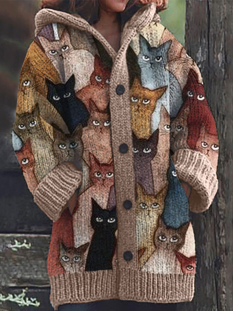 Colorful Cats Pattern Cozy Hooded Cardigan