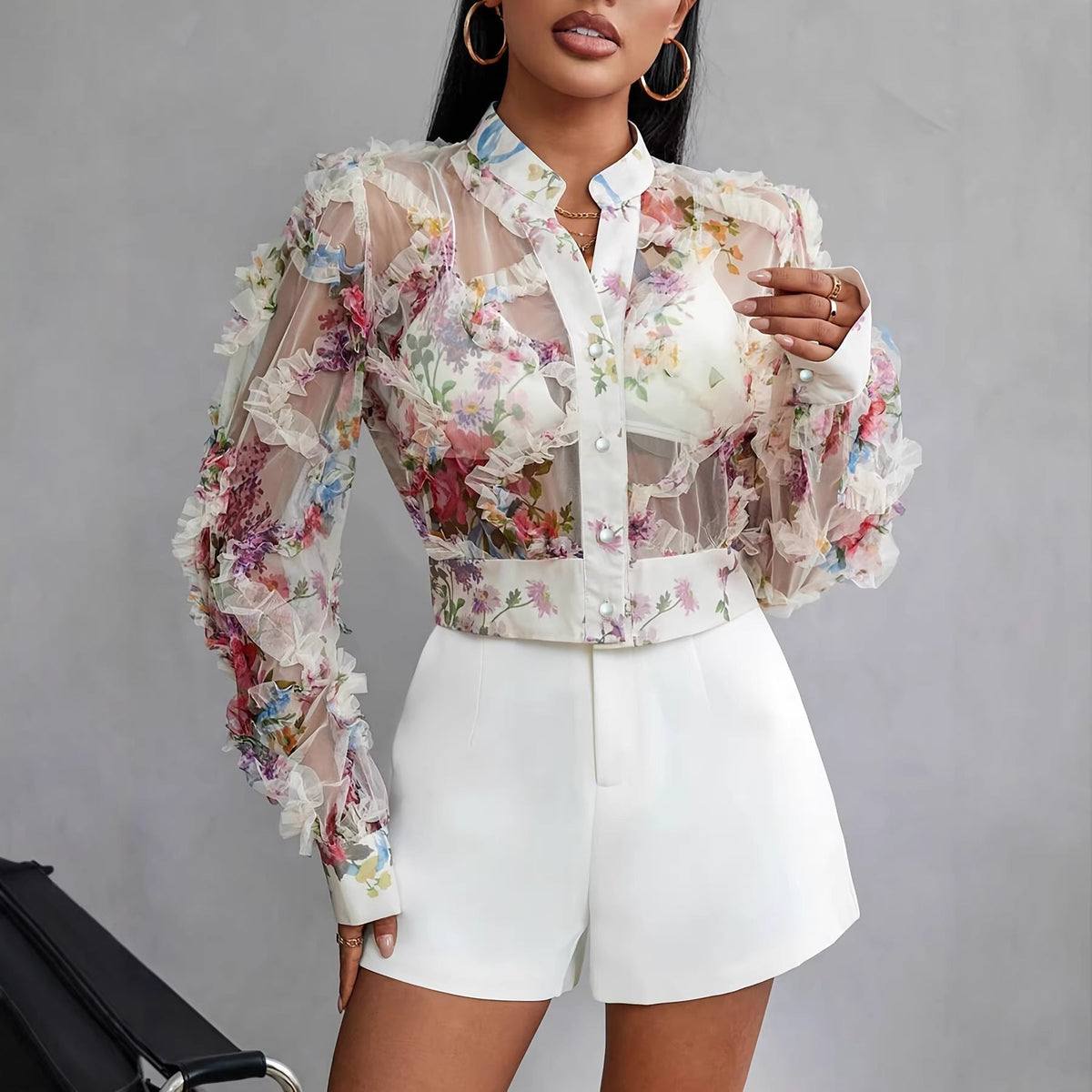 Lace Floral Chiffon Shirt Long Sleeve Ruffle-Trimmed Blouse