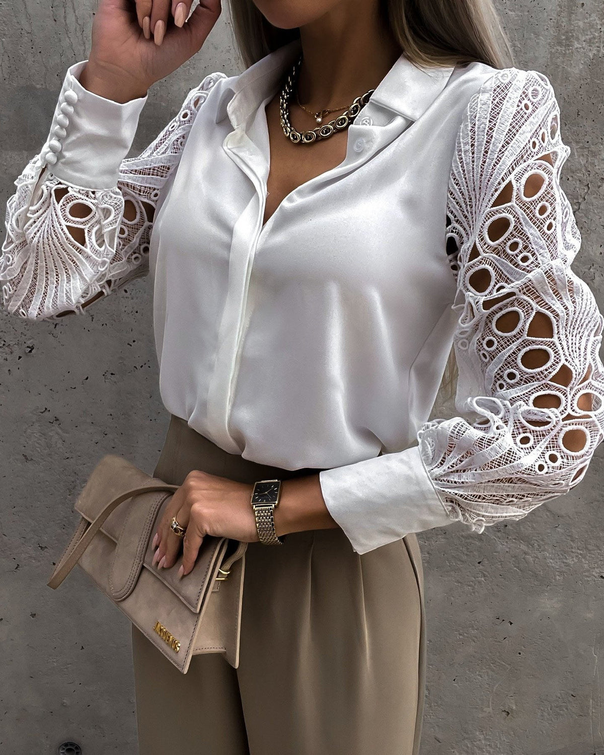 Solid Color Lace Panel Shirt Shirt